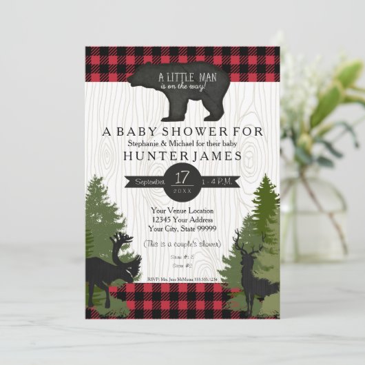 Beer Woodland Forest Buffalo Check Baby shower 5x7 Kaart (Staand voorkant)