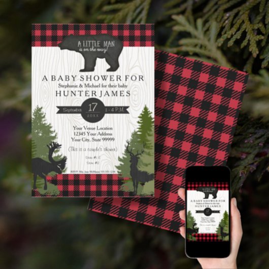 Beer Woodland Forest Buffalo Check Baby shower 5x7 Kaart