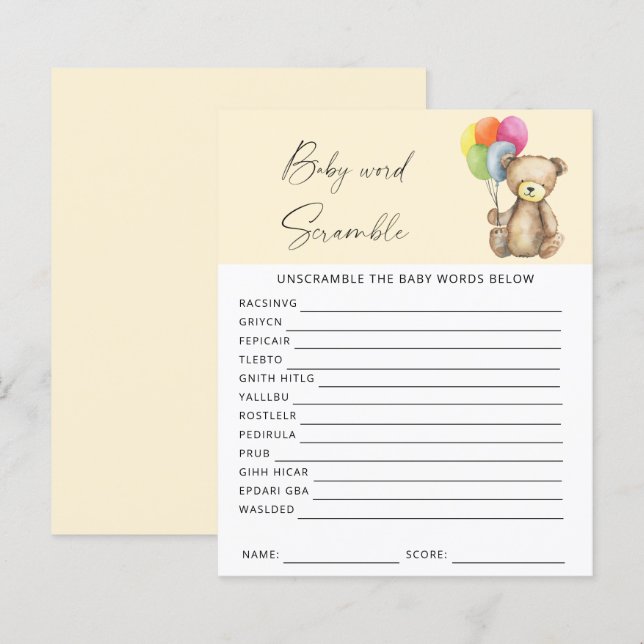 Beer - Woord kluwen babyshower spel (Voorkant / Achterkant)