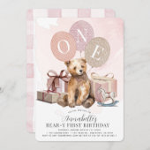 Beer-y 1e Verjaardag Beer Roze Ballon Meisje Kaart (Voorkant / Achterkant)