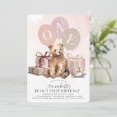 Beer-y 1e Verjaardag Beer Roze Ballon Meisje Kaart (Staand voorkant)