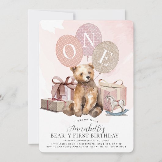 Beer-y 1e Verjaardag Beer Roze Ballon Meisje Kaart (Voorkant)