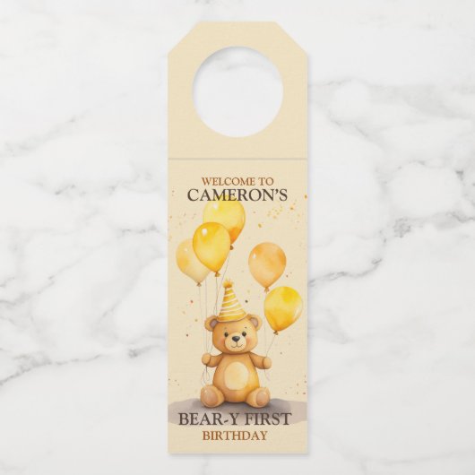 Beer-y Eerste Verjaardag Geel Beer Welkomstbord Flessenhanger (Voorkant)