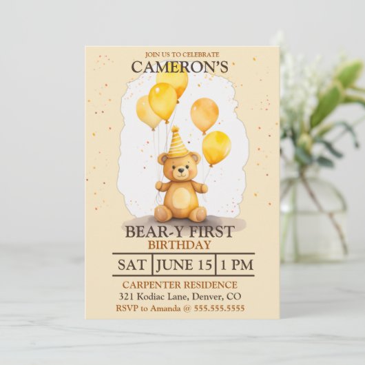 Beer-y Eerste Verjaardag Geslacht Neutraal Geel Be Kaart (Staand voorkant)