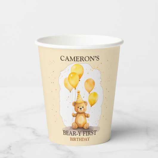 Beer-y Eerste Verjaardag Geslacht Neutraal Geel Be Papieren Bekers (Achterkant)