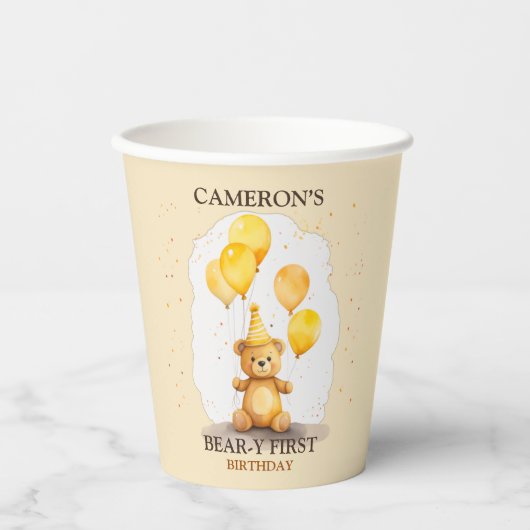 Beer-y Eerste Verjaardag Geslacht Neutraal Geel Be Papieren Bekers (Voorkant)