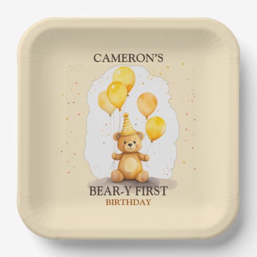 Beer-y Eerste Verjaardag Geslacht Neutraal Geel Be Papieren Bordje (Voorkant)