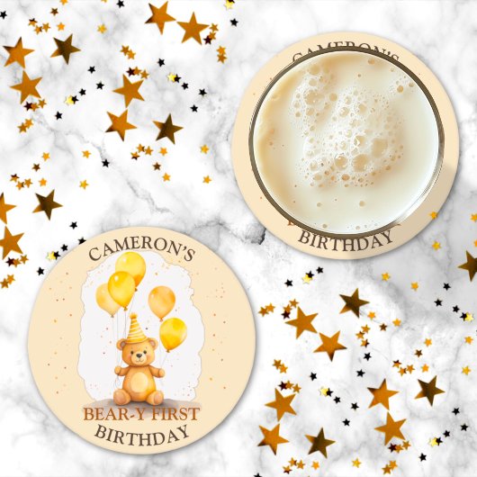 Beer-y Eerste Verjaardag Geslacht Neutraal Geel Be Ronde Kartonnen Onderzetter