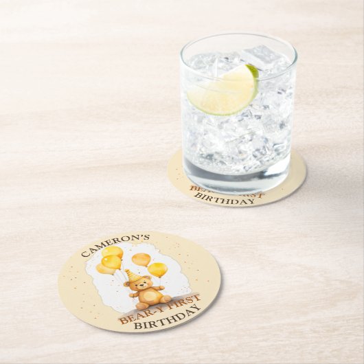 Beer-y Eerste Verjaardag Geslacht Neutraal Geel Be Ronde Kartonnen Onderzetter (Insitu)
