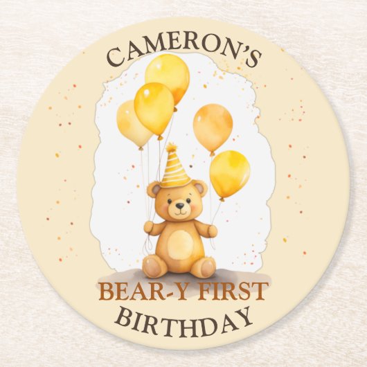 Beer-y Eerste Verjaardag Geslacht Neutraal Geel Be Ronde Kartonnen Onderzetter (Voorkant)