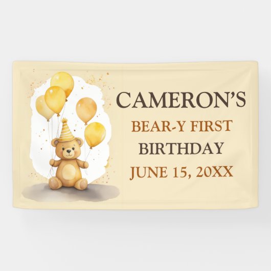 Beer-y Eerste Verjaardag Geslacht Neutraal Geel Be Spandoek (Horizontaal)