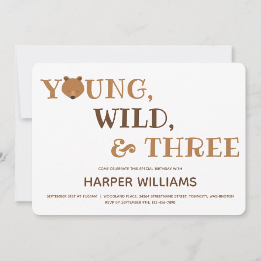 Beer Young Wild Drie Kinder derde verjaardag Kaart (Voorkant)