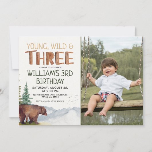 Beer-Young Wild en Drie jongens 3e verjaardag Kaart (Voorkant)