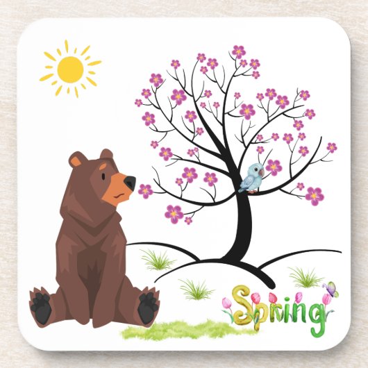 Beer ziet de bloeiende boom en vogel bier onderzetter (Voorkant)