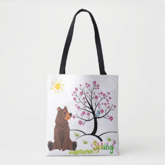 Beer ziet de bloeiende boom en vogel tote bag