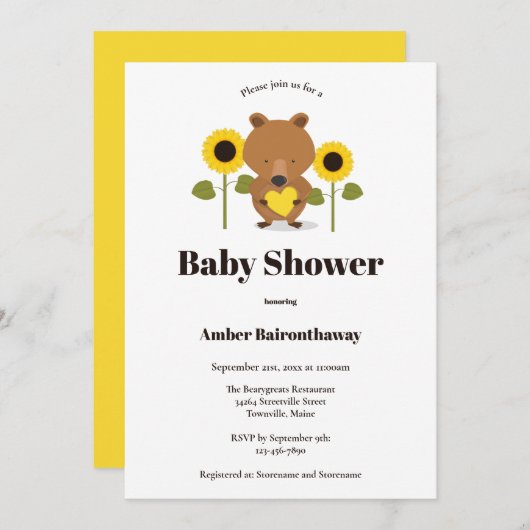 Beer Zonnebloemen Baby shower Uitnodiging (Voorkant / Achterkant)