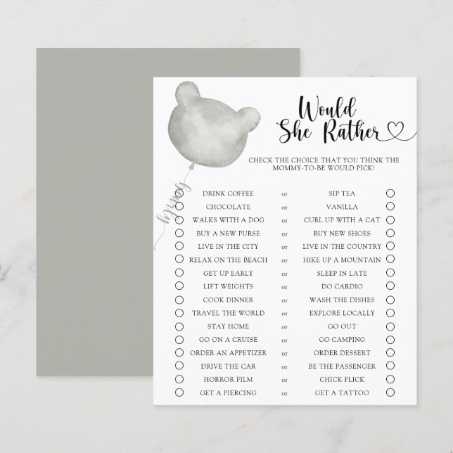 Beer / Zou ze liever baby shower spel (Voorkant / Achterkant)