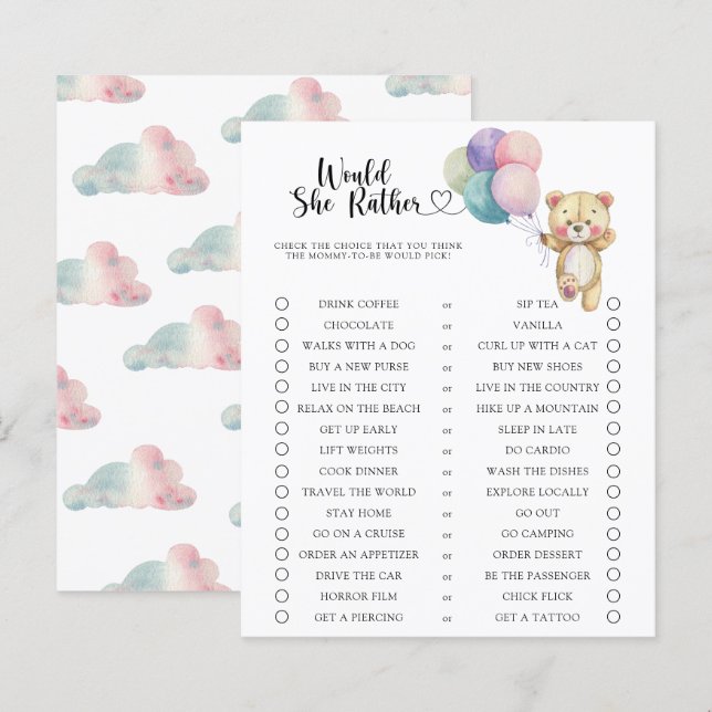 Beer / Zou ze liever baby shower spel (Voorkant / Achterkant)