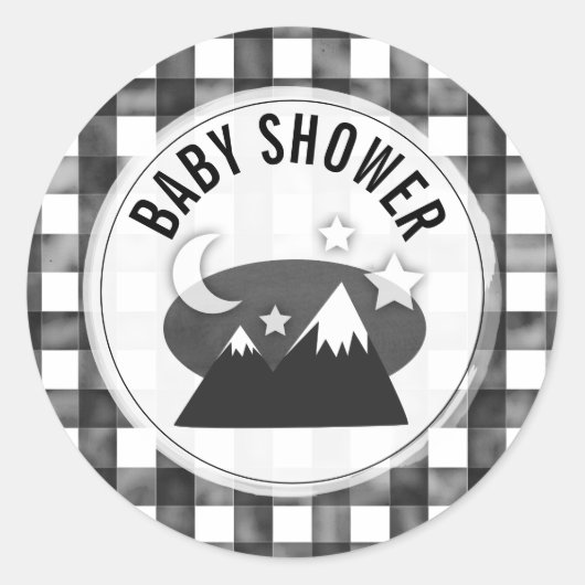 Beer Zwart-wit Gingham Mountains Baby shower Ronde Sticker (Voorkant)