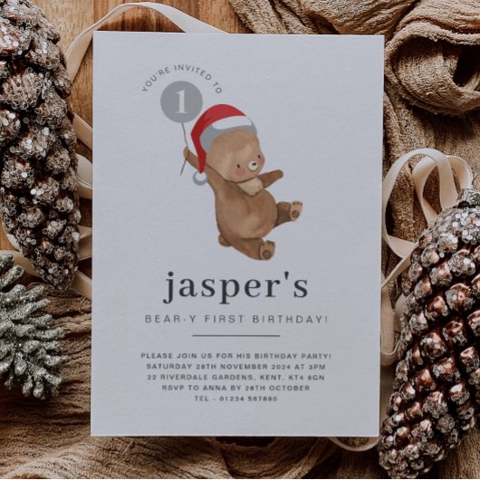 Beerballon Kerstman Hoed Eerste Verjaardagsuitnodi Kaart