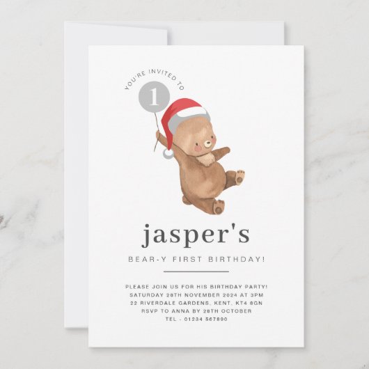 Beerballon Kerstman Hoed Eerste Verjaardagsuitnodi Kaart (Voorkant)