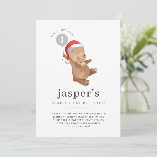 Beerballon Kerstman Hoed Eerste Verjaardagsuitnodi Kaart (Staand voorkant)