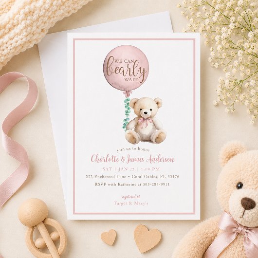 Beerly Wait Roze Teddybeer Babyshower Uitnodiging