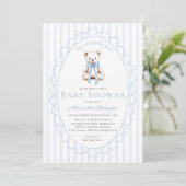 Beerly Wait Teddy Blauwe Strepen Boog Baby Shower Kaart (Staand voorkant)