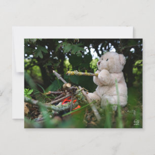 Beertje dat bij kampvuur zit. briefkaart