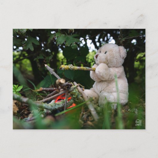 Beertje dat bij kampvuur zit. briefkaart (Voorkant)