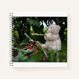 Beertje dat bij kampvuur zit. notitieboek