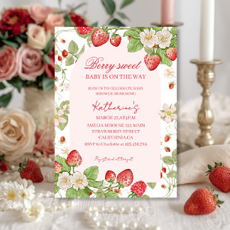 Beery sweet strawberries floral pink baby shower kaart
