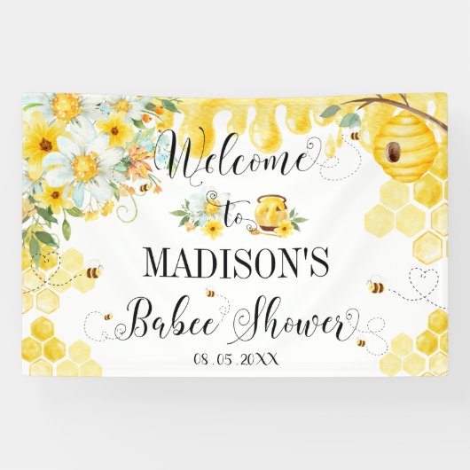 Bees Baby Shower Yellow Floral Backdrop Welcome Spandoek (Horizontaal)