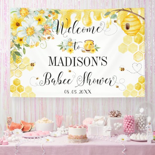 Bees Baby Shower Yellow Floral Backdrop Welcome Spandoek (Feest)