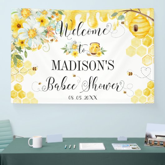 Bees Baby Shower Yellow Floral Backdrop Welcome Spandoek (Beurs)