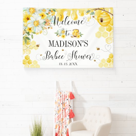 Bees Baby Shower Yellow Floral Backdrop Welcome Spandoek (Insitu)
