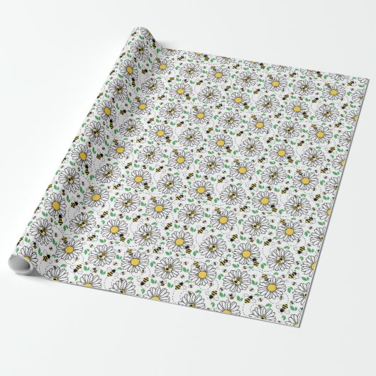 Bees & Daisies Spring Wrapping Paper Cadeaupapier (Uitgerold)