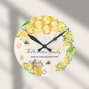 Bees honey yellow florals family monogram ronde klok