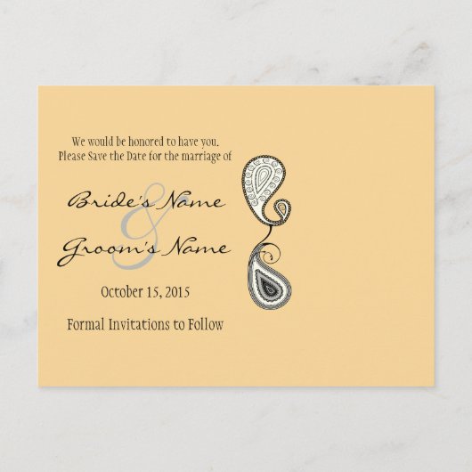 Beeswax en Blauwgroen Paisley besparen de datum wa Aankondigingskaart (Achterkant)