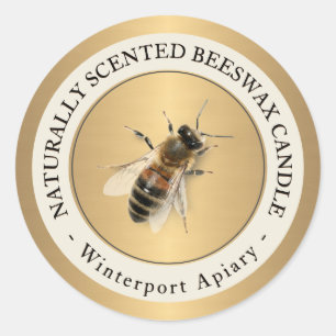 Beeswax-kaars met honingbijen, metalen goudlabel ronde sticker