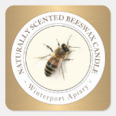 Beeswax-kaars met honingbijen, metalen goudlabel vierkante sticker (Voorkant)
