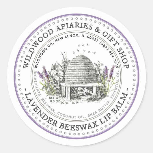 Beeswax Lip Balm  Skep Lavender & Honeycomb Ronde Sticker (Voorkant)