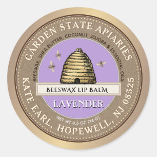 Beeswax Lip Balm with Vintage Skep and Bees Purple Ronde Sticker