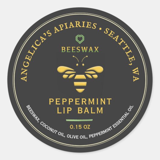 Beeswax Pepermunt Lip Balm Label met Bee Heart (Voorkant)