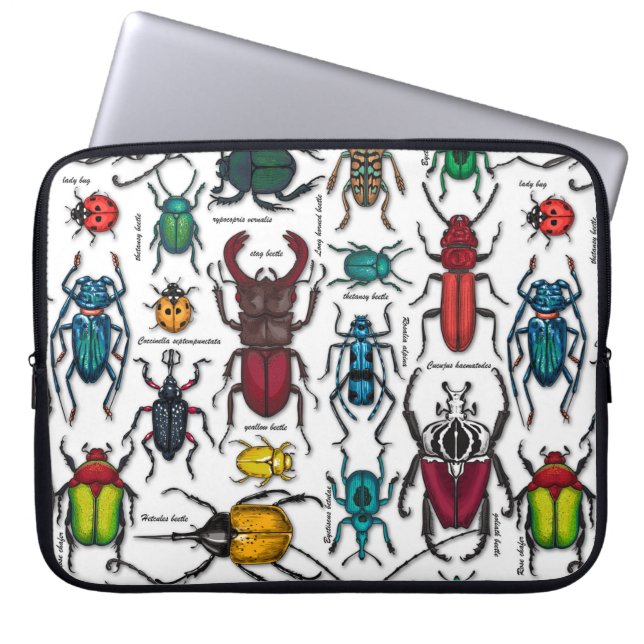 Beetels op wit laptop sleeve (Voorkant)