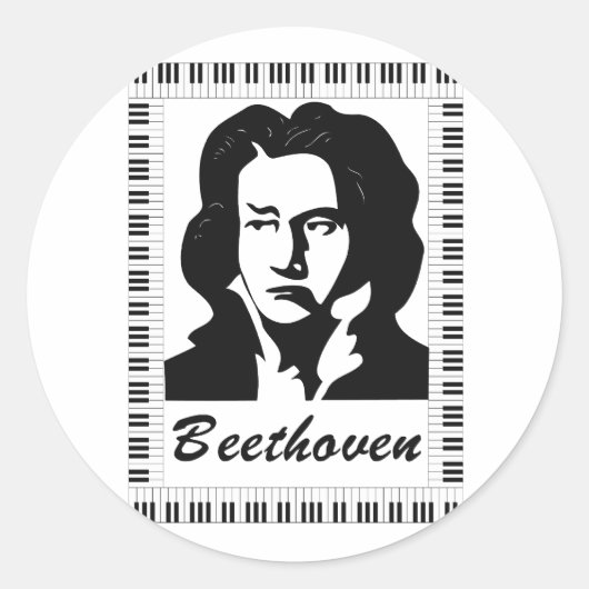 beethovenportret met lijst met pianokaart ronde sticker (Voorkant)