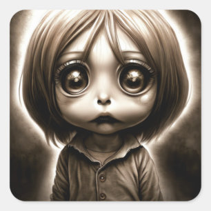Beetje eng Kind met Big Eyes Chibi Vierkante Sticker