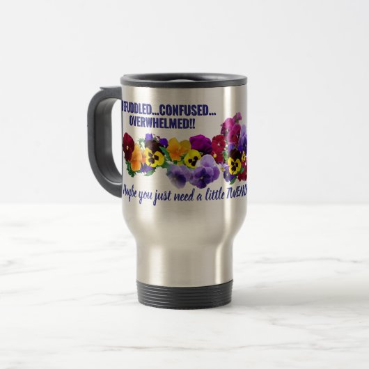 befuddled tweak pansies mug reisbeker (Voorkant links)