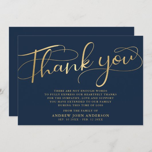 Begeleidende marine- en goudkalligrafie begrafenis bedankkaart (Voorkant / Achterkant)