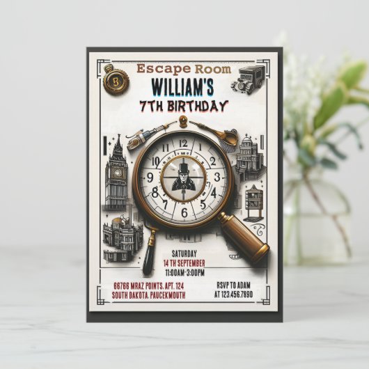 Begin Clue Spy Escape Room 7th Verjaardag Uitnodig Kaart (Staand voorkant)